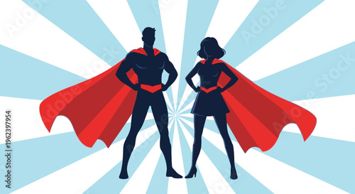 Superhero silhouette duo standing against radiant blue background with red capes