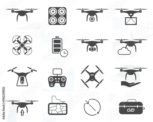 Drone and related technology icons set quadcopter remote control