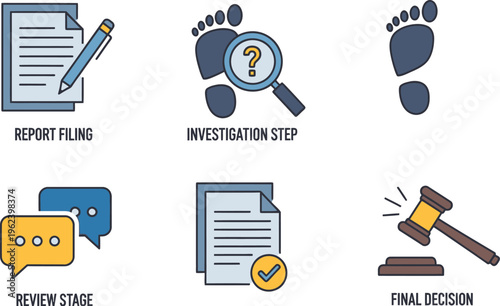 A collection of icons visually represents the stages of a legal or investigative process, including report filing, investigation, review, and final decision-making.