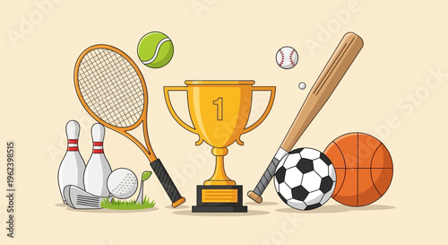 Sports Equipment Trophy Collection: Tennis, Golf, Bowling, Basketball, Soccer, Baseball