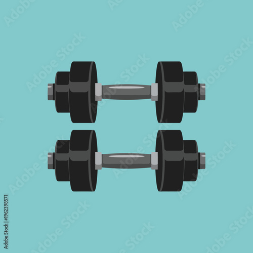 Two pairs of black dumbbells on a teal background, fitness equipment