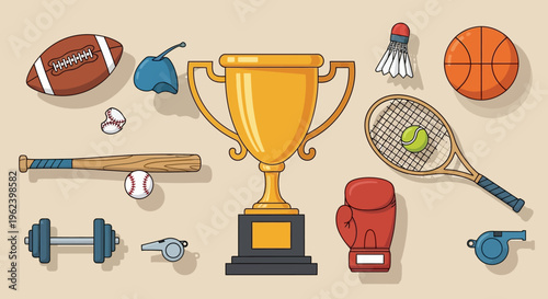 Sports Trophy and Equipment Collection: Victory, Competition, and Fitness