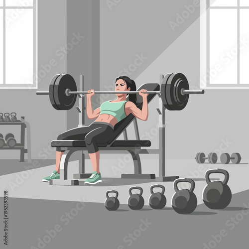 Woman Bench Pressing Barbell on Incline Bench in Gym, Strength Training and Fitness
