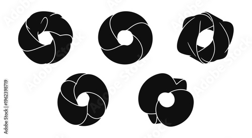 Collection of five black camera aperture icons