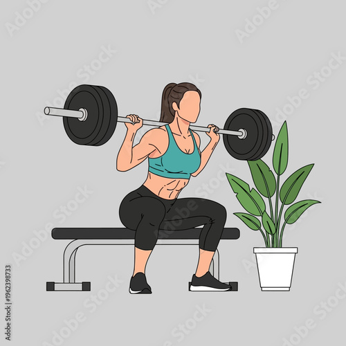 Woman doing barbell squats at home gym with bench and plant