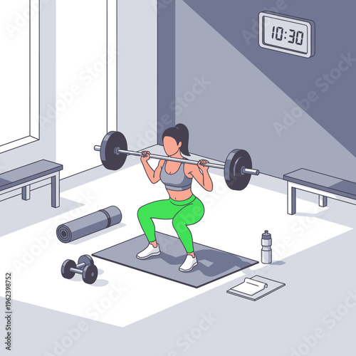 Woman doing barbell squats in a home gym, fitness and workout concept