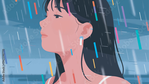 Illustration of a woman caught in the rain with rainwater slowly turning into colored lines