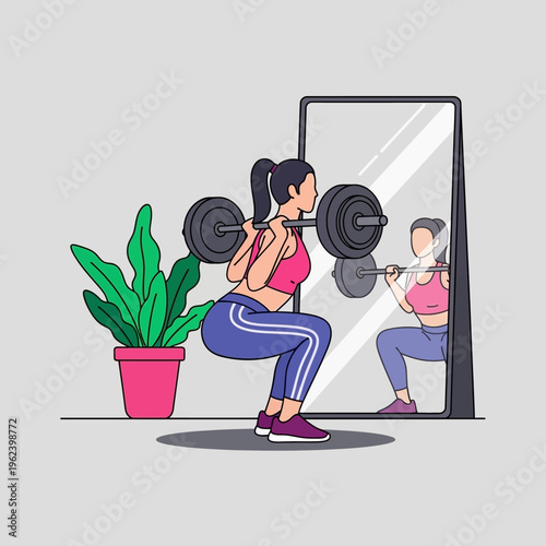 Woman doing barbell squats in front of a mirror, home gym workout