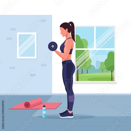 Woman doing bicep curls with dumbbell at home gym, fitness and workout concept