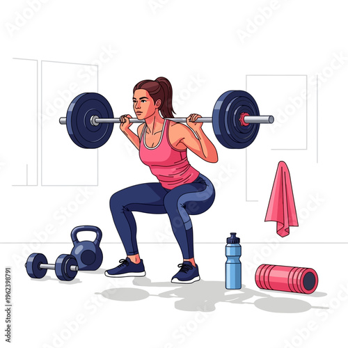 Woman doing barbell squats in gym, fitness equipment around her