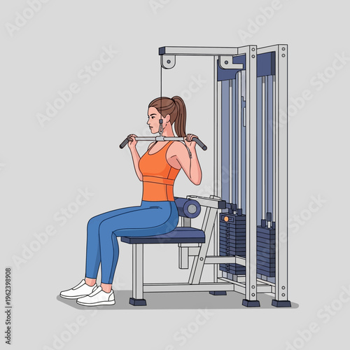 Woman doing lat pulldown exercise on gym machine, fitness, strength training, healthy lifestyle