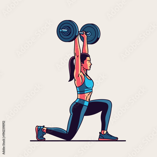 Woman doing lunges with barbell overhead press, fitness, strength training, gym workout
