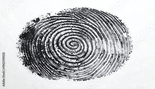 Close-up of a grayscale fingerprint, central swirling whorl detail, textured ridges and valleys, oval shape. White backdrop