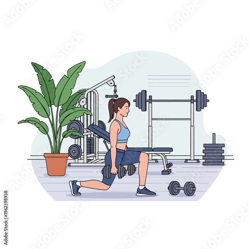 Woman doing lunges with dumbbells in a home gym with workout equipment