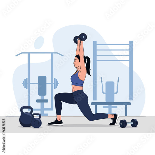 Woman doing lunges with dumbbells in a gym, fitness and workout concept