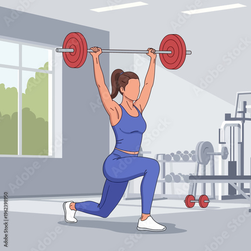 Woman doing overhead press lunge with barbell in gym, fitness and workout concept