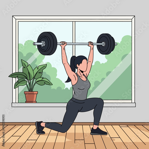 Woman doing overhead barbell lunge exercise in a bright room with plants and window