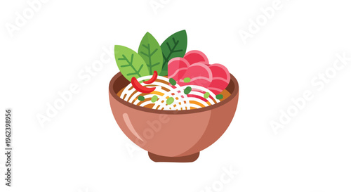 A vibrant bowl illustration with broth, noodles, greens, and red peppers. Pink elements sit on top with green garnish. Brown bowl on a white background
