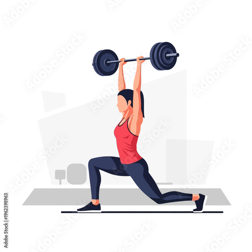 Woman doing overhead press lunge with barbell, fitness and strength training