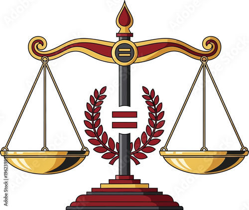 A decorative balance scale with laurel wreath and equality symbol signifies the pursuit of justice and fairness.