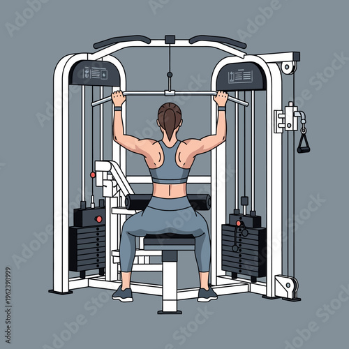 Woman exercising lat pulldown machine in gym, back view, fitness, strength training