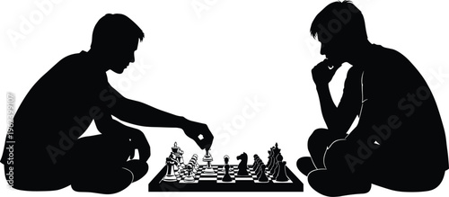 Black silhouette of two men playing chess game together isolated on white background for strategy, logic, competition and mental concentration.
