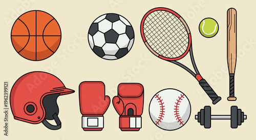Sports Equipment Collection: Basketball, Soccer, Tennis, Baseball, Boxing, Helmet, Bat, Dumbbell