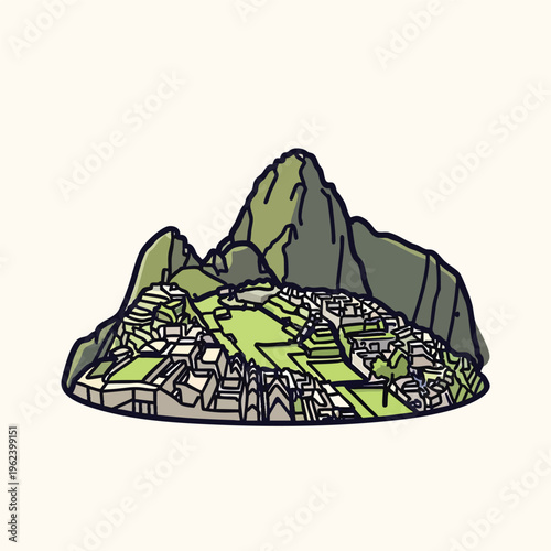 A flat-style illustration depicting a mountain overlooking a city. Buildings are shaded and have green fields, and a black outline