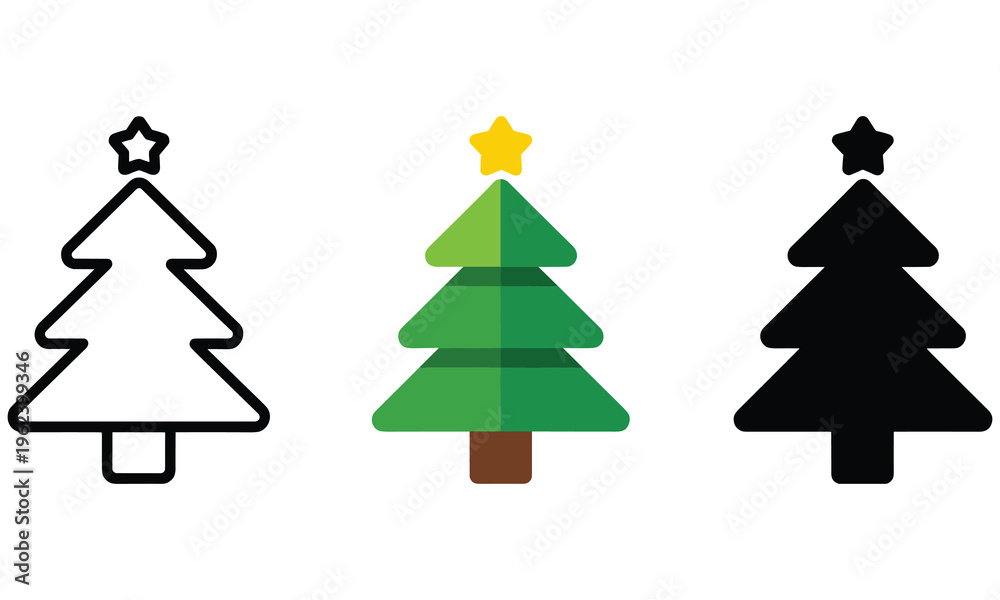 Fototapeta premium Christmas tree icons in different styles and colors for decoration