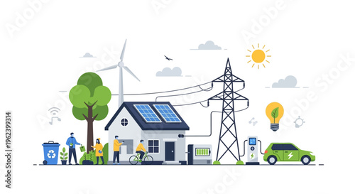 Sustainable Green Energy Ecosystem: Smart Home, Solar Panels, Wind Power, EV Charging, and Eco-Friendly Lifestyle Illustration
