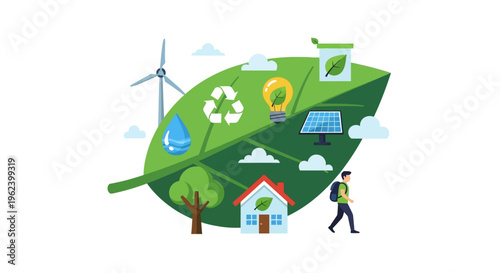 Green Living & Sustainable Energy Solutions: Eco-Friendly Lifestyle Illustration with Renewable Resources and Nature Elements