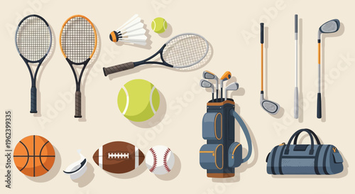 Sports Equipment Collection: Tennis, Golf, Basketball, Football, Baseball, Badminton