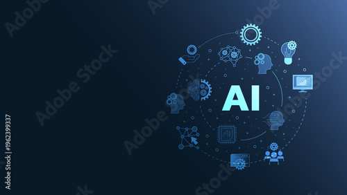 An abstract illustration of AI technology with gears, icons, and the word AI prominently featured against a blue background.