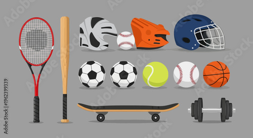 Sports Equipment Collection: Tennis, Baseball, Soccer, Basketball, Skateboarding, Weightlifting