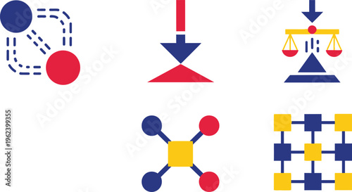 A collection of abstract geometric icons represents various data structures, network connections, and organizational concepts.