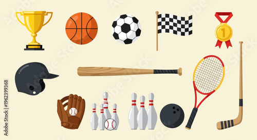 Sports Equipment Collection: Trophy, Balls, Bat, Helmet, Racquet, Skates, Bowling, Hockey Stick