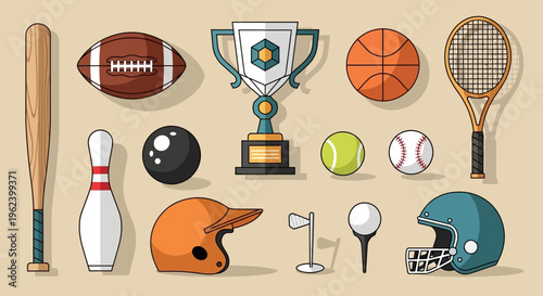 Sports Equipment Collection: Trophy, Balls, Bats, Helmet, and More