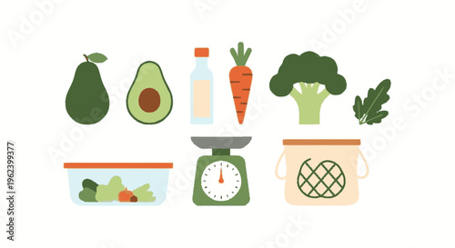 Assorted Vegetables Fruits Kitchen Utensils Scale.