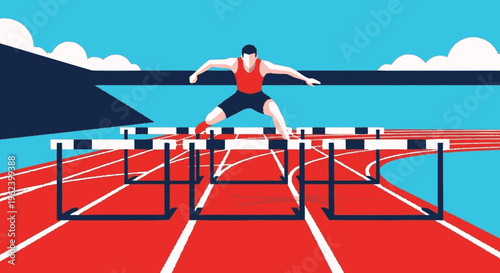 Athlete Jumping Over Hurdle on Track.
