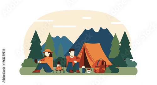 Camping Scene with People and Tent.
