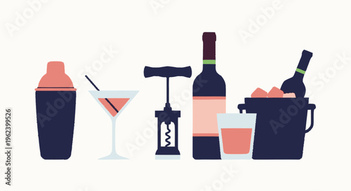 Cocktail Shaker Martini Bottle Champagne Wine.