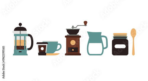 Coffee Maker Grinder Mug Creamer Sugar Spoon.