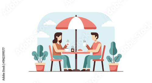 Couple enjoying a meal together outdoors under an umbrella.