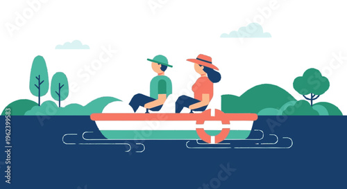 Couple Rowing Boat Together Enjoying Outdoor Activity.
