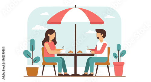 Couple Dining Outdoors Under Red Umbrella.