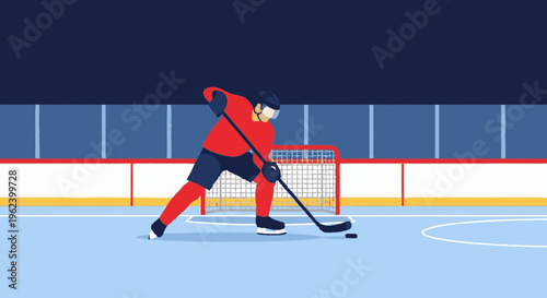 Hockey Player in Action on Ice Rink.
