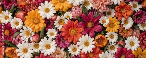 Colorful mixed flower background with white daisies orange gerberas and pink peonies top view flat lay pattern