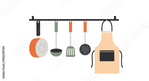 Kitchen Utensils and Apron Hanging on Rack.