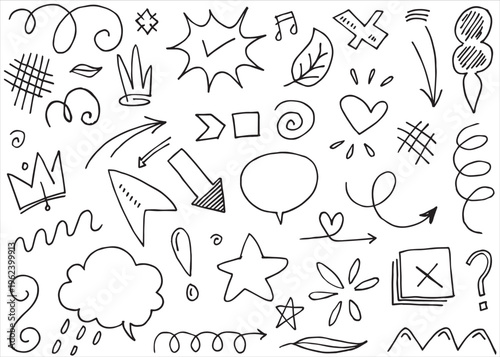 Collection of hand drawn cartoon symbols and icons