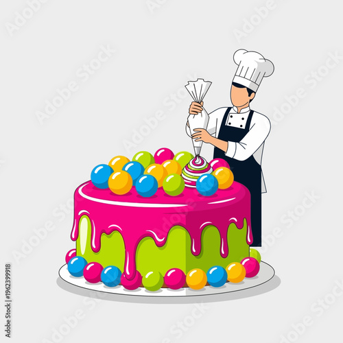 Chef Decorating Colorful Cake with Piping Bag and Sprinkles